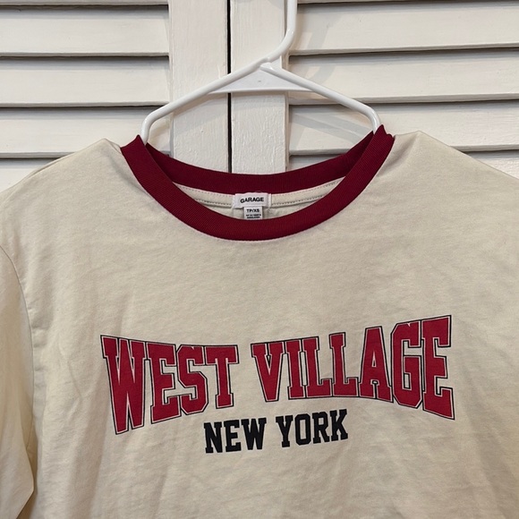 Cream and Red Women's Oversized Garage Crop Top - Picture 3 of 5